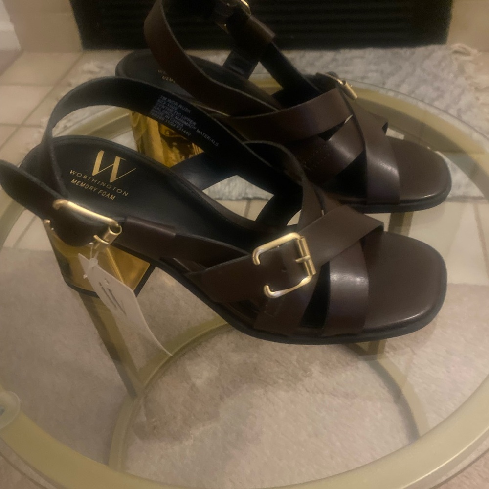 Worthington Women's Rusk Chocolate Heels with Gold Buckles